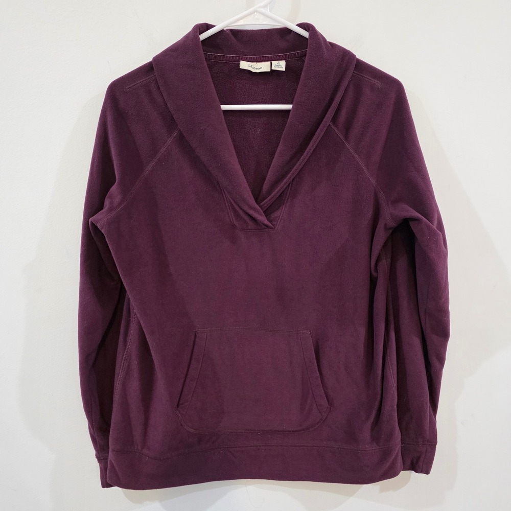 LL Bean Womens Fleece Sweater‎ Size Small Purple Shawl Collar Kangaroo Pocket